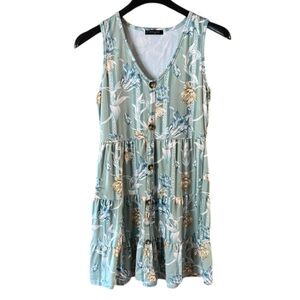 Loveu Dear Floral Sleeveless Green Dress Size Medium Faux Button Down Tiered